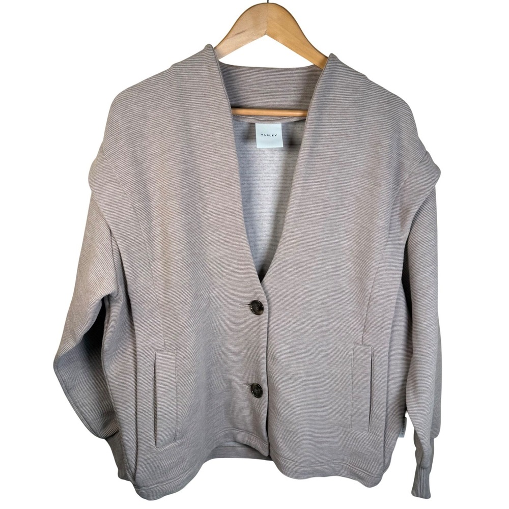Varley Cardigan Women Sm Taupe Ribbed Ottoman Button Front Oversized Old Money